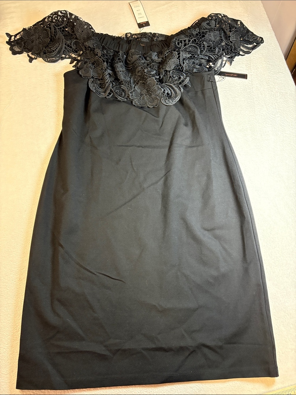 Lace-Trim Off-Shoulder Midi Dress — Black